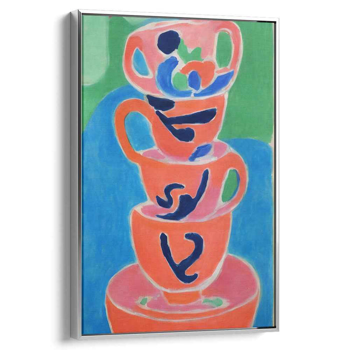 Whimsical Stack: Vibrant Teacups in Fauvist Style Canvas Art