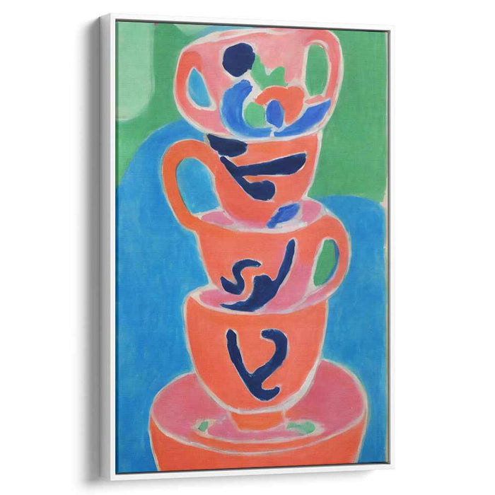 Whimsical Stack: Vibrant Teacups in Fauvist Style Canvas Art