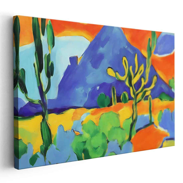 Vibrant Desertscape: Bold Blue Mountain Under Fiery Skies Canvas Art Print