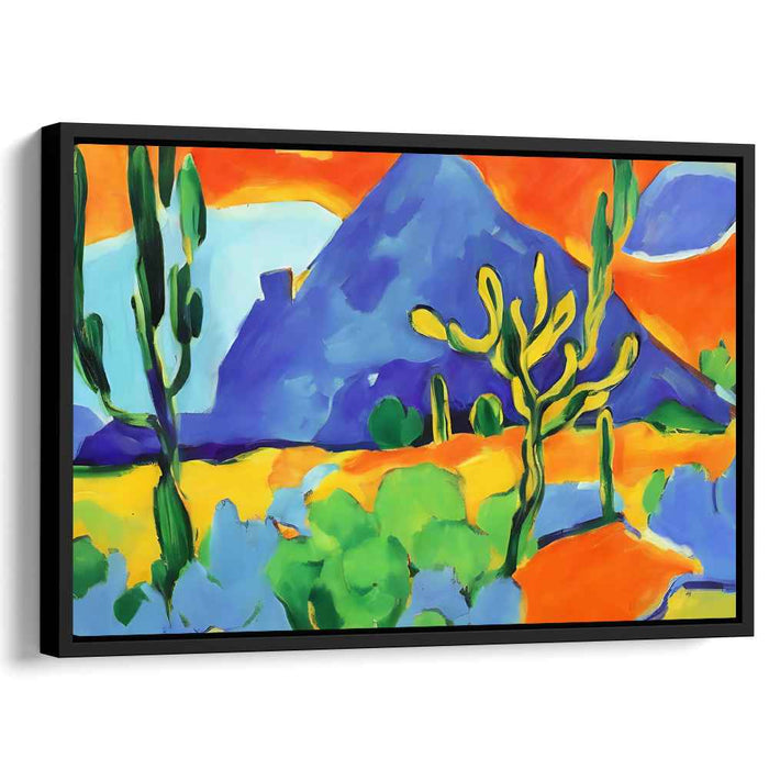 Vibrant Desertscape: Bold Blue Mountain Under Fiery Skies Canvas Art Print