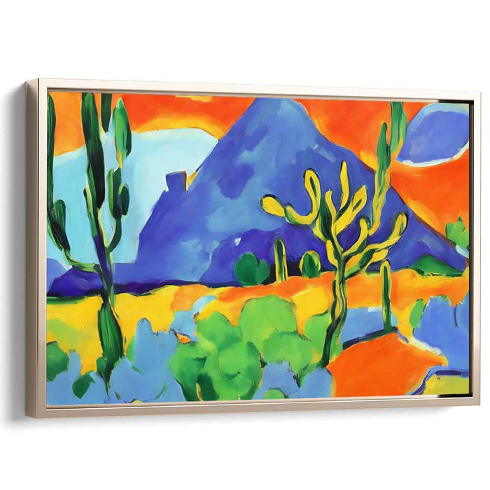Vibrant Desertscape: Bold Blue Mountain Under Fiery Skies Canvas Art Print