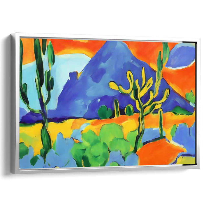 Vibrant Desertscape: Bold Blue Mountain Under Fiery Skies Canvas Art Print