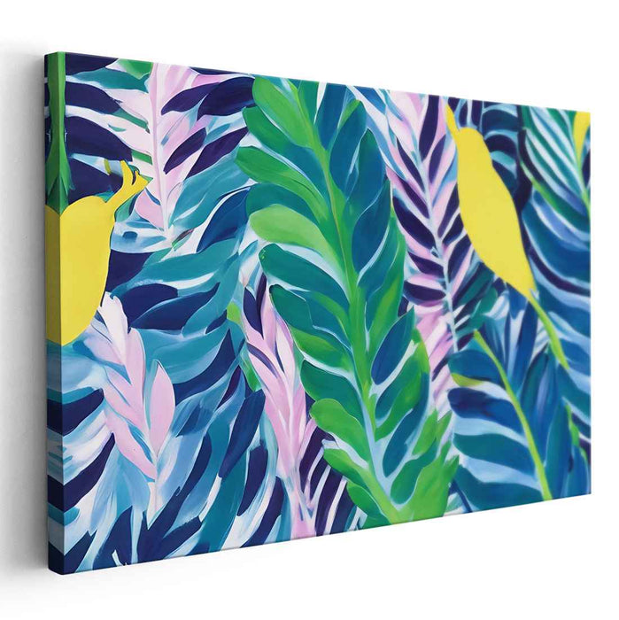 Avian Canopy Dance: Vibrant Jungle Leaves and Birds Canvas Art