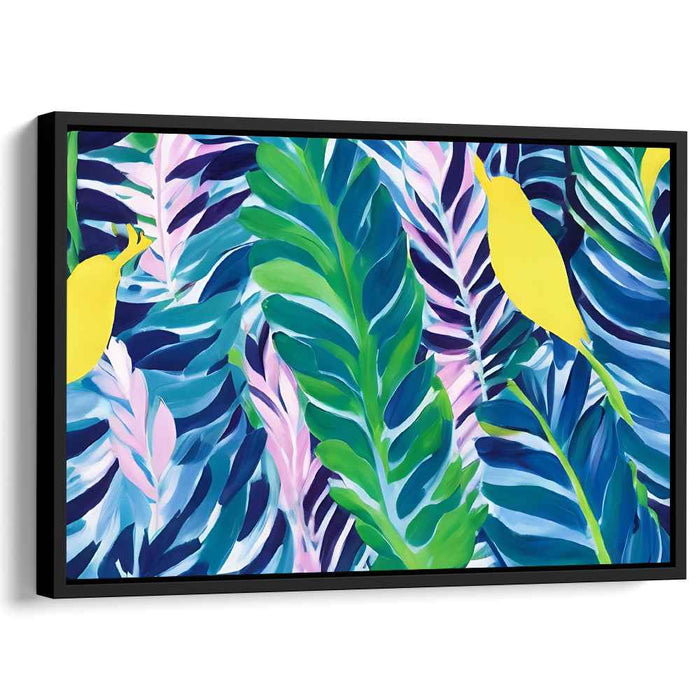 Avian Canopy Dance: Vibrant Jungle Leaves and Birds Canvas Art