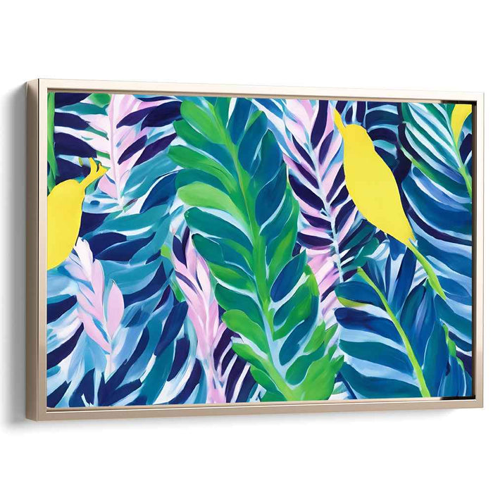 Avian Canopy Dance: Vibrant Jungle Leaves and Birds Canvas Art