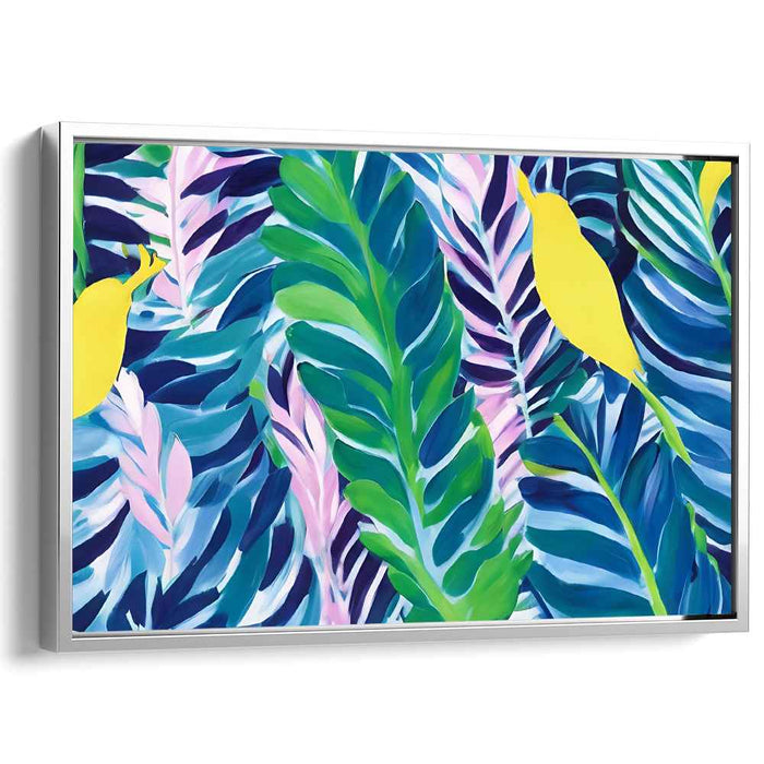 Avian Canopy Dance: Vibrant Jungle Leaves and Birds Canvas Art