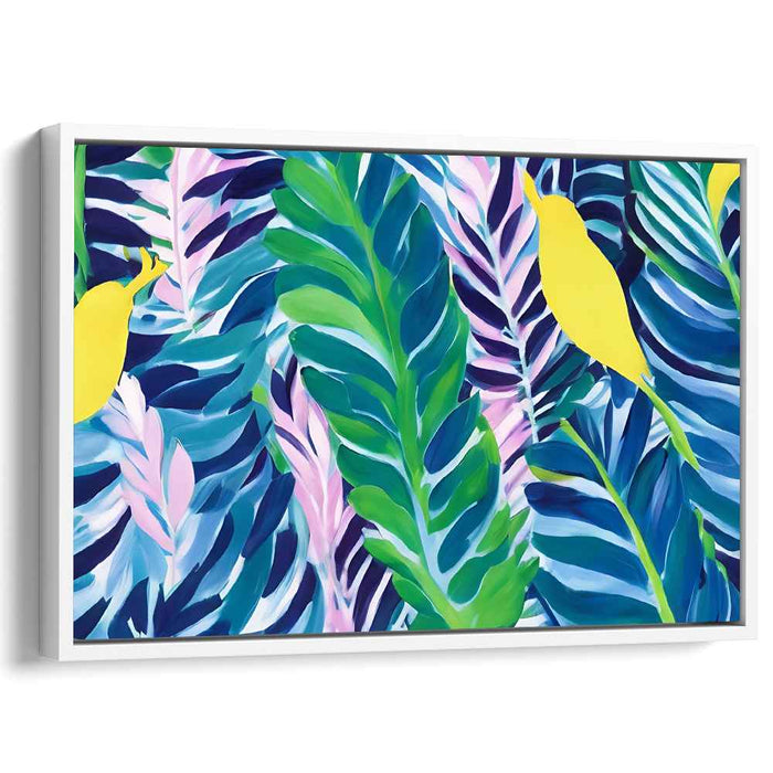 Avian Canopy Dance: Vibrant Jungle Leaves and Birds Canvas Art