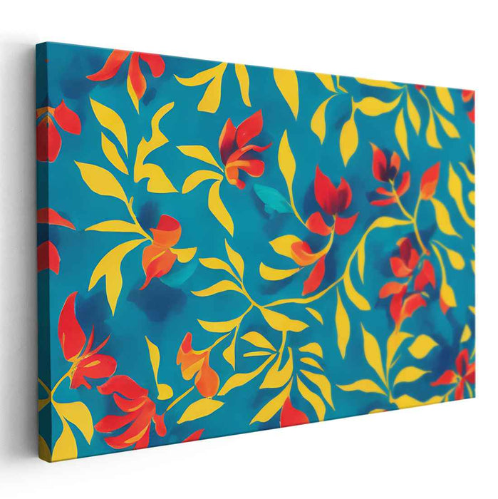 Vibrant Floral Dance: Turquoise and Fiery Red-Orange Canvas Art Print