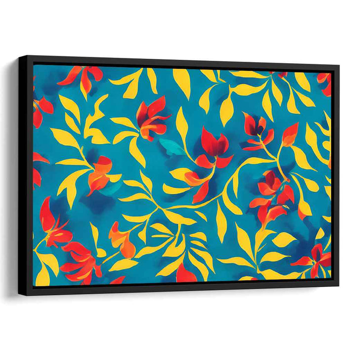 Vibrant Floral Dance: Turquoise and Fiery Red-Orange Canvas Art Print