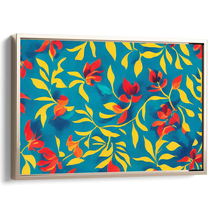 Vibrant Floral Dance: Turquoise and Fiery Red-Orange Canvas Art Print