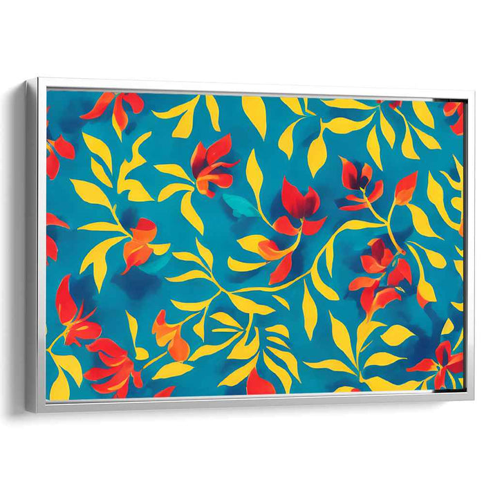 Vibrant Floral Dance: Turquoise and Fiery Red-Orange Canvas Art Print