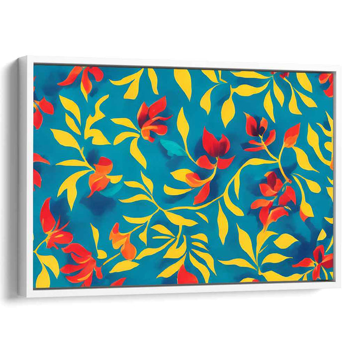 Vibrant Floral Dance: Turquoise and Fiery Red-Orange Canvas Art Print