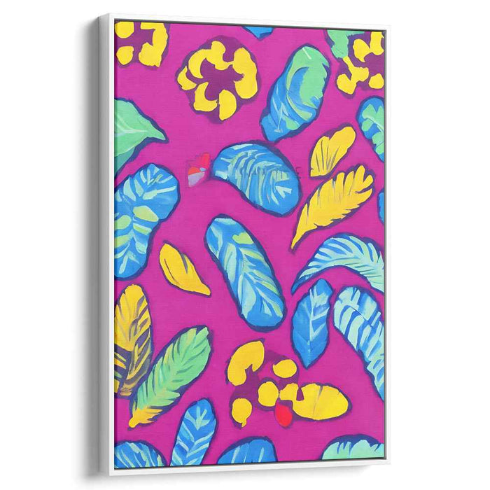 Whimsy of Petal Dance: Vivid Leaf Patterns on Bold Pink Canvas Art Print