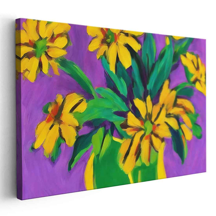 Solar Flora Suite: Bold Yellow Flowers on Purple Canvas Art Print