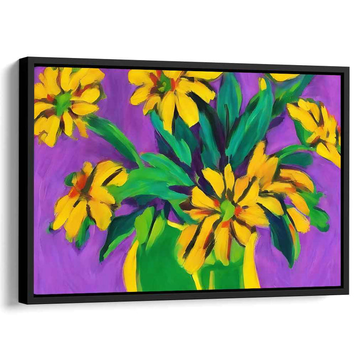 Solar Flora Suite: Bold Yellow Flowers on Purple Canvas Art Print