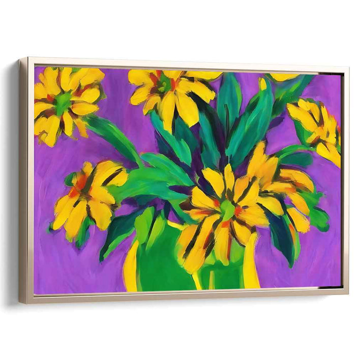 Solar Flora Suite: Bold Yellow Flowers on Purple Canvas Art Print