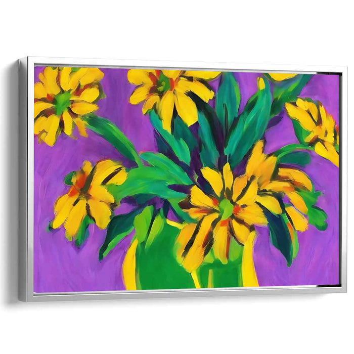 Solar Flora Suite: Bold Yellow Flowers on Purple Canvas Art Print