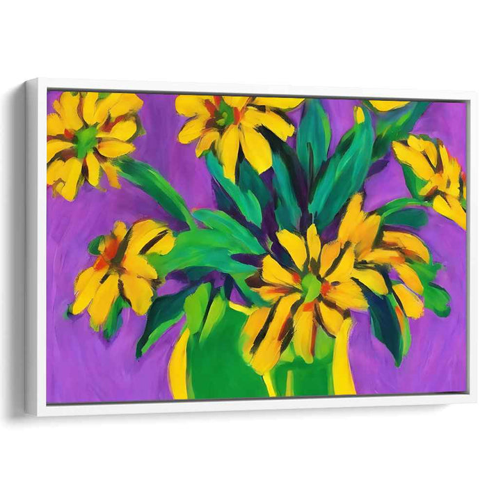 Solar Flora Suite: Bold Yellow Flowers on Purple Canvas Art Print