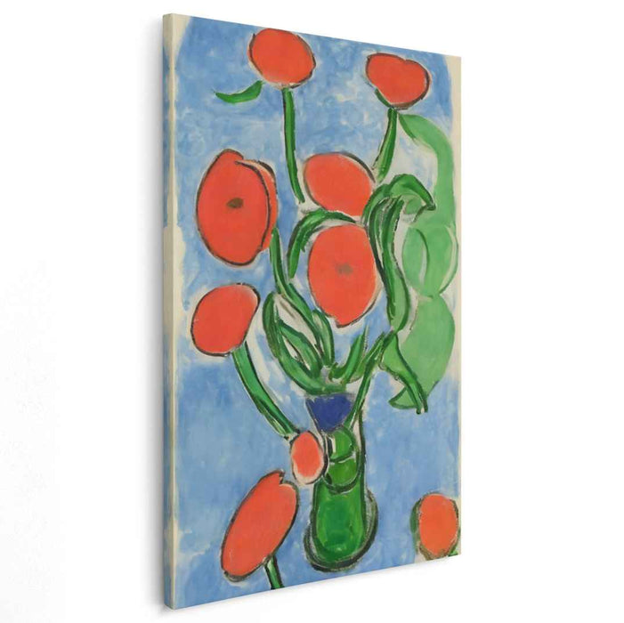 Verdant Bouquet: Expressive Red Flowers in Green Vase Canvas Art Print