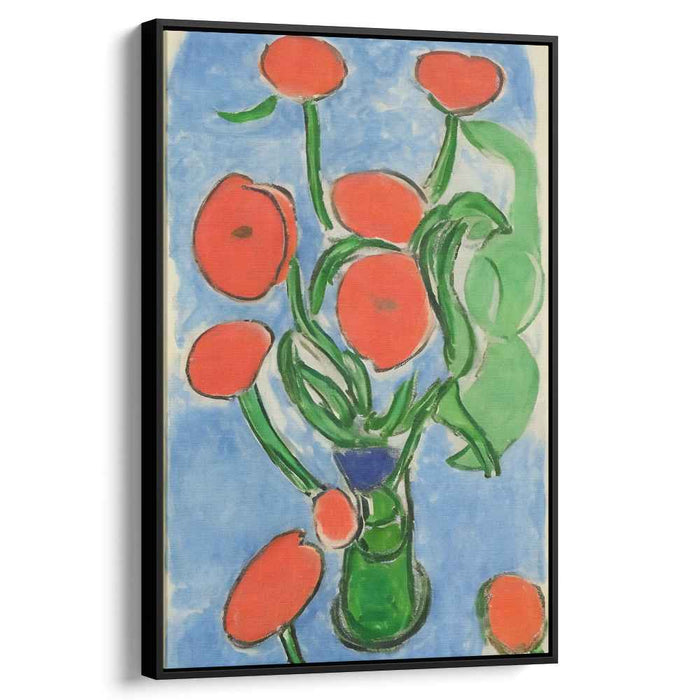 Verdant Bouquet: Expressive Red Flowers in Green Vase Canvas Art Print