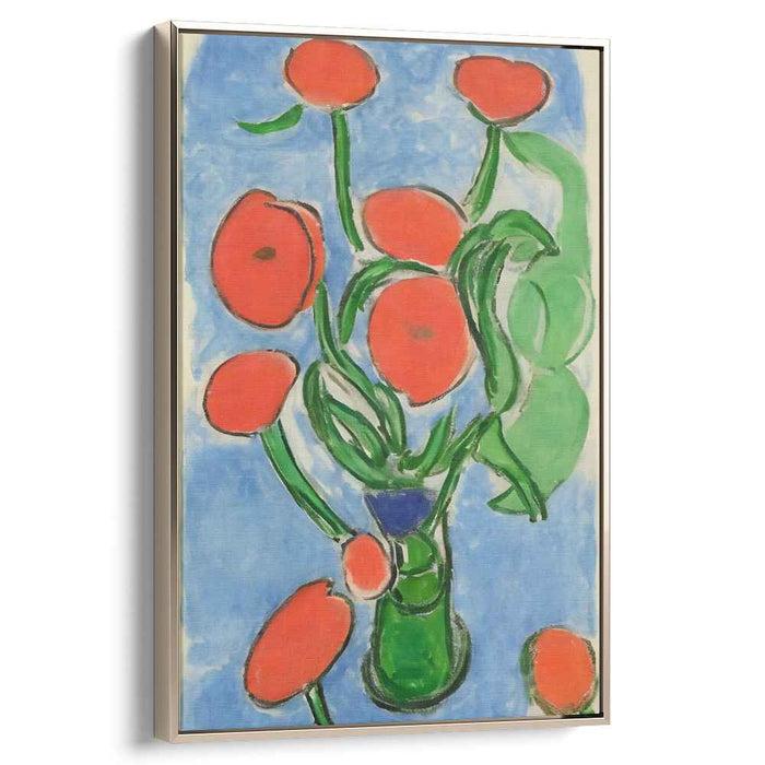 Verdant Bouquet: Expressive Red Flowers in Green Vase Canvas Art Print