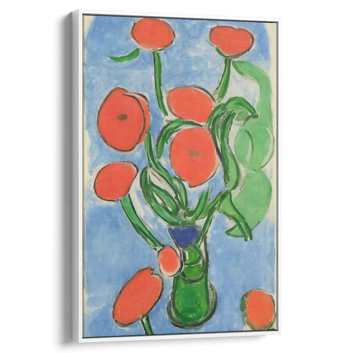 Verdant Bouquet: Expressive Red Flowers in Green Vase Canvas Art Print