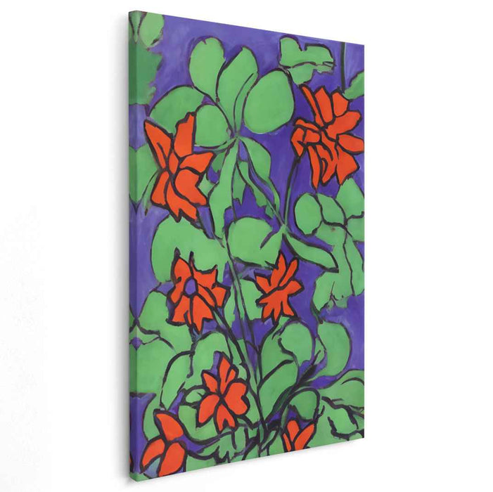 Fusion of Crimson Petals: Vibrant Red-Orange Blossoms on Purple Canvas Art Print