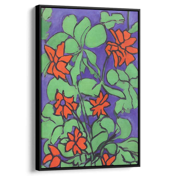 Fusion of Crimson Petals: Vibrant Red-Orange Blossoms on Purple Canvas Art Print