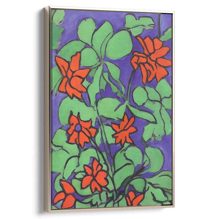 Fusion of Crimson Petals: Vibrant Red-Orange Blossoms on Purple Canvas Art Print