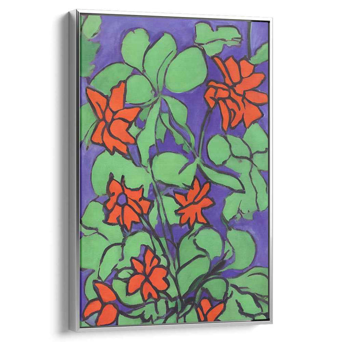 Fusion of Crimson Petals: Vibrant Red-Orange Blossoms on Purple Canvas Art Print