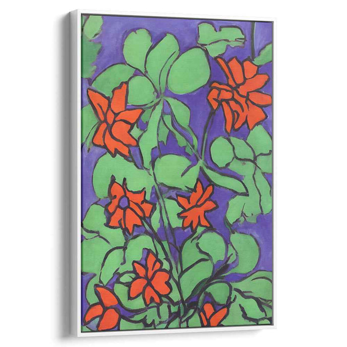 Fusion of Crimson Petals: Vibrant Red-Orange Blossoms on Purple Canvas Art Print