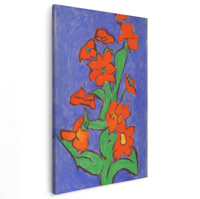 Citrus Petals Dance: Fauvist Red-Orange Flowers on Blue Canvas Art Print