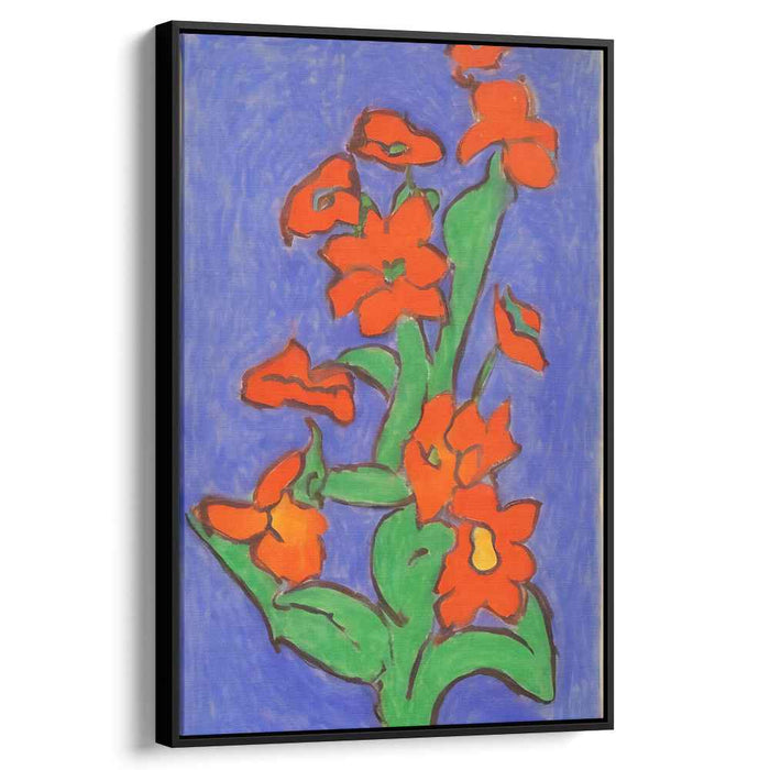 Citrus Petals Dance: Fauvist Red-Orange Flowers on Blue Canvas Art Print
