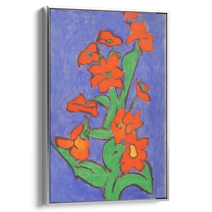 Citrus Petals Dance: Fauvist Red-Orange Flowers on Blue Canvas Art Print