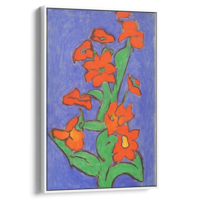 Citrus Petals Dance: Fauvist Red-Orange Flowers on Blue Canvas Art Print