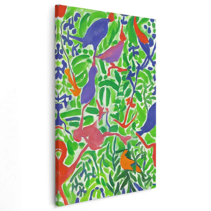 Tropical Dance: Colorful Birds and Foliage Expressionist Canvas Art