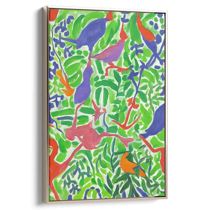 Tropical Dance: Colorful Birds and Foliage Expressionist Canvas Art