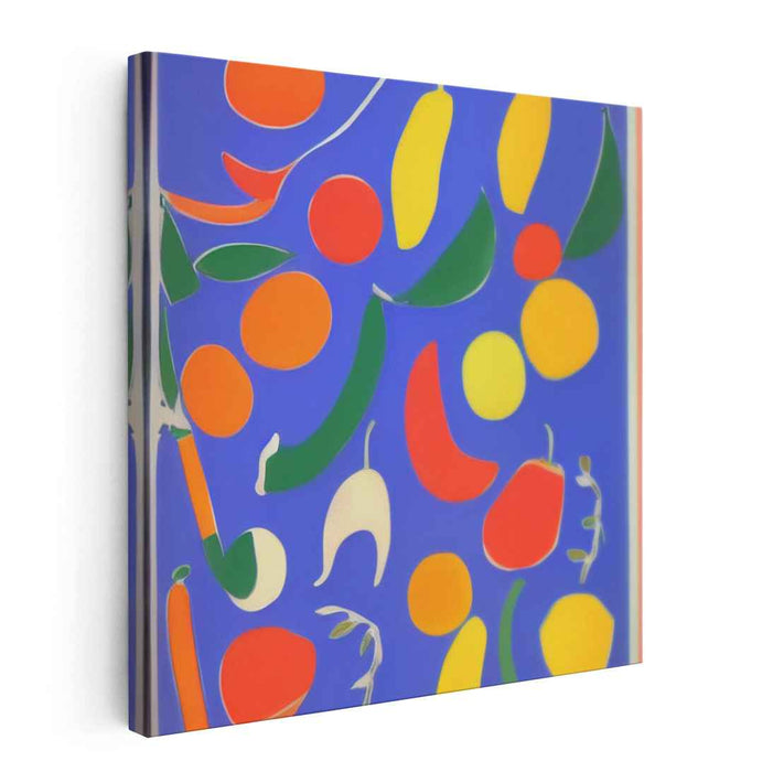 Juicy Mirage Symphony: Vibrant Abstract Fruit Shapes on Blue Canvas Art