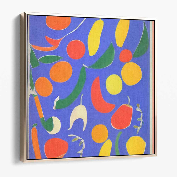 Juicy Mirage Symphony: Vibrant Abstract Fruit Shapes on Blue Canvas Art