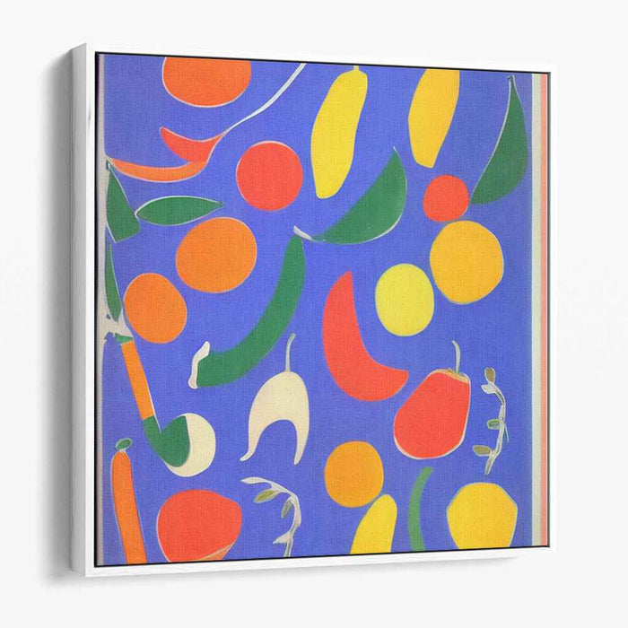 Juicy Mirage Symphony: Vibrant Abstract Fruit Shapes on Blue Canvas Art