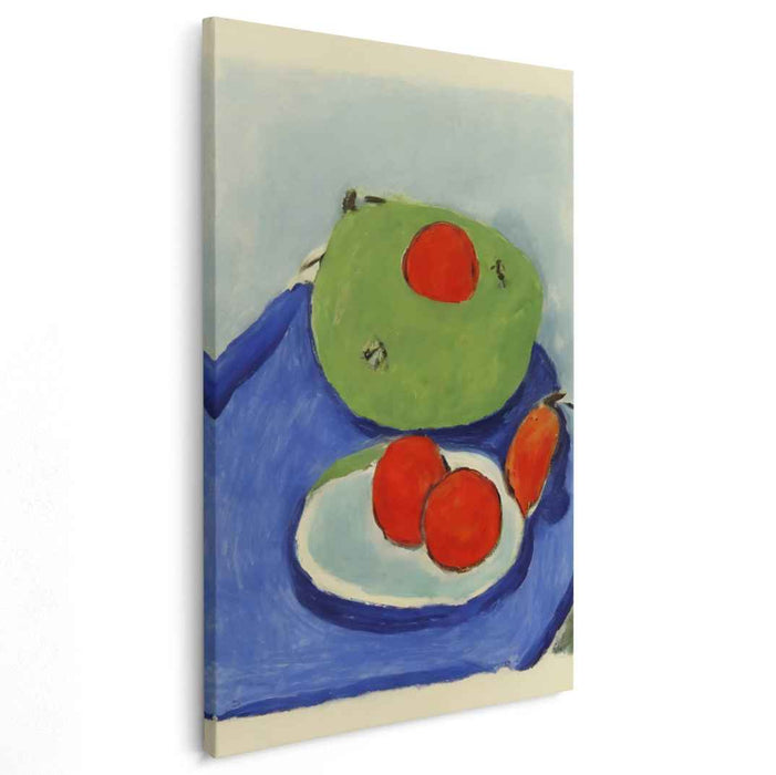 Crimson Symphony Under Indigo Sky: Bold Red Fruits on Blue Canvas Art Print