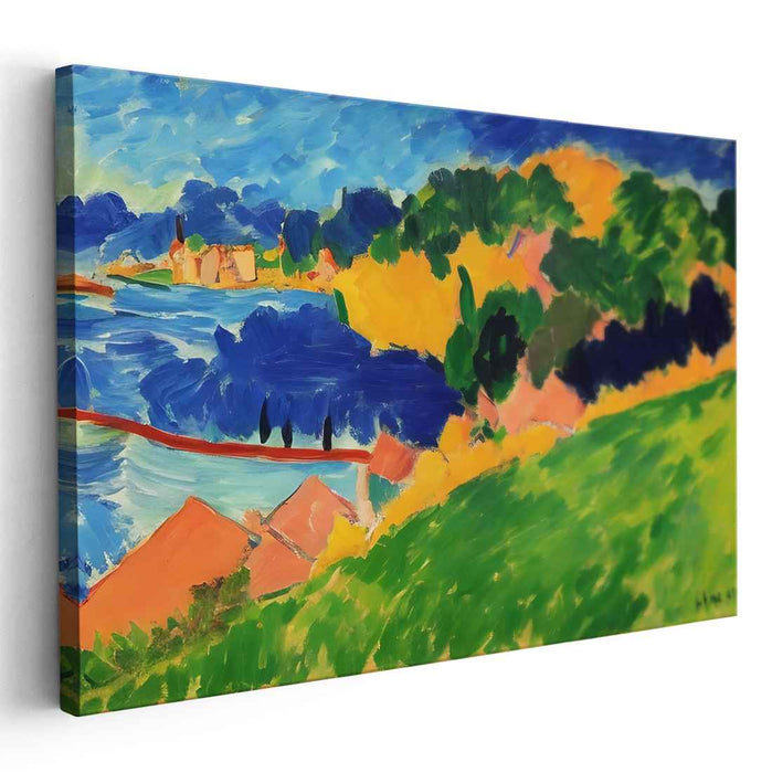 Vibrant Village Vista: Fauvist Lakeside Village Landscape Canvas Art Print