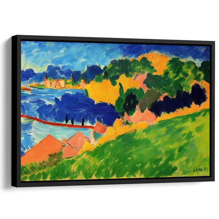 Vibrant Village Vista: Fauvist Lakeside Village Landscape Canvas Art Print