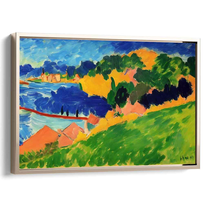 Vibrant Village Vista: Fauvist Lakeside Village Landscape Canvas Art Print