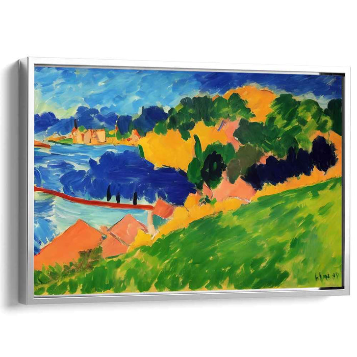 Vibrant Village Vista: Fauvist Lakeside Village Landscape Canvas Art Print