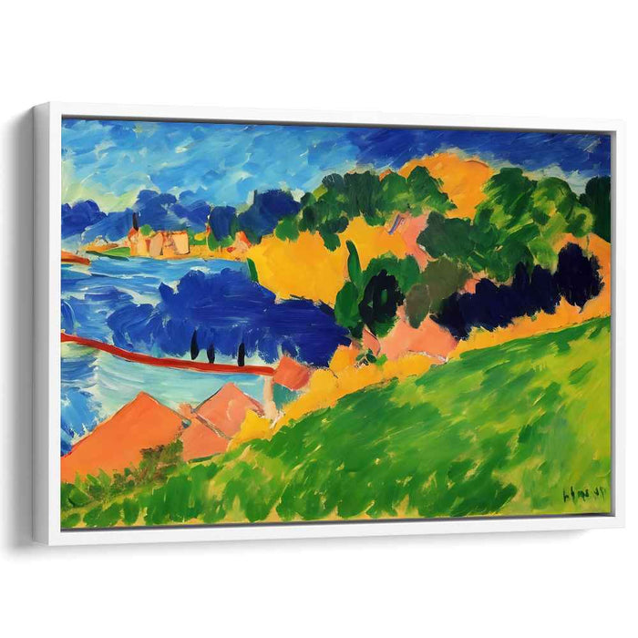 Vibrant Village Vista: Fauvist Lakeside Village Landscape Canvas Art Print