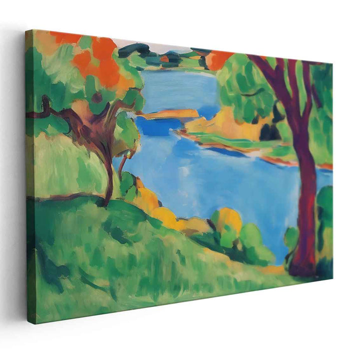Sunlit Riverside Serenity: Fauvist Landscape Canvas Art Print