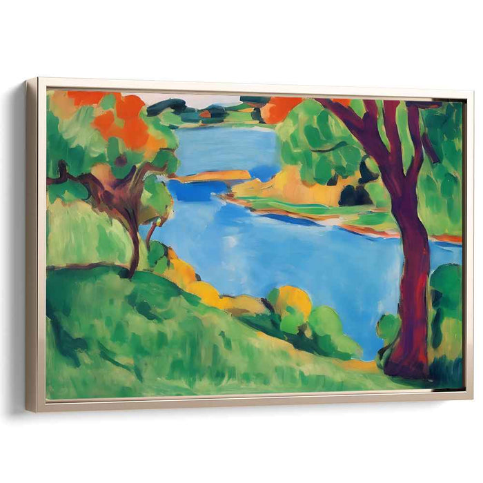 Sunlit Riverside Serenity: Fauvist Landscape Canvas Art Print