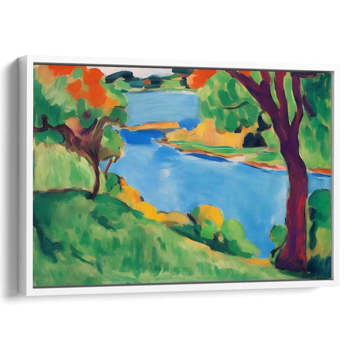 Sunlit Riverside Serenity: Fauvist Landscape Canvas Art Print