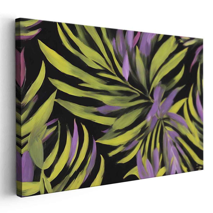 Midnight Tropics: Green and Purple Palm Leaves on Black Canvas Art Print
